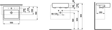 LAUFEN LIVING umývadlo 55 cm, s otvorom pre batériu a prepadom H8134320001041 Technický nákres