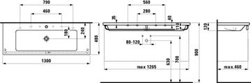 LAUFEN LIVING SQUARE umývadlo 130 cm, s 2 otvormi pre batérie a prepadom H8164360001071 Technický nákres