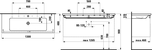 LAUFEN LIVING SQUARE umývadlo 130 cm, s 2 otvormi pre batérie a prepadom H8164360001071 Technický nákres