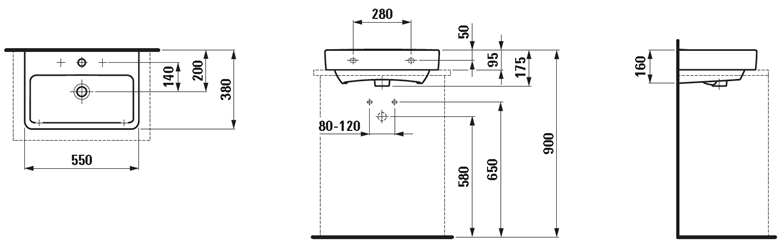 LAUFEN PRO S umývadlo 55 cm, bez prepadu H8179580001421 Technický nákres