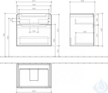 VILLEROY & BOCH SUBWAY 2.0 skrinka pod umývadlo 63,7x45,4x59 cm, 2 zásuvky, Glossy White A91010DH Technický nákres