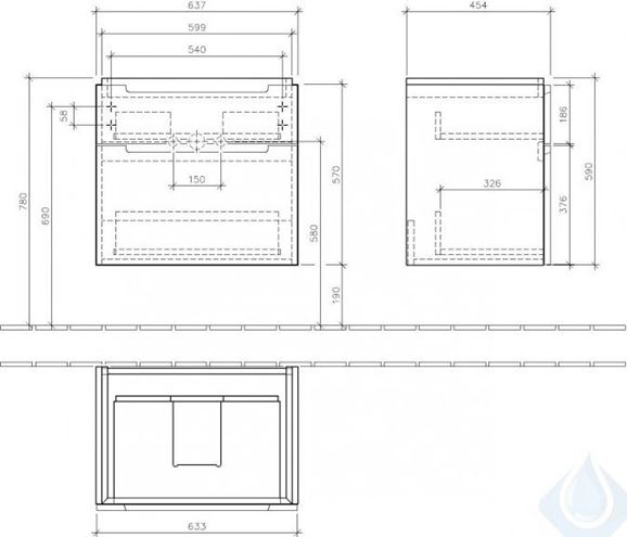 VILLEROY & BOCH SUBWAY 2.0 skrinka pod umývadlo 63,7x45,4x59 cm, 2 zásuvky, Glossy White A91010DH Technický nákres