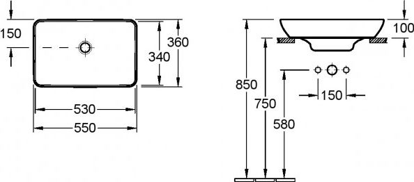 VILLEROY & BOCH VENTICELLO umývadlo 55 cm, s prepadom, CeramicPlus 411355R1 Technický nákres