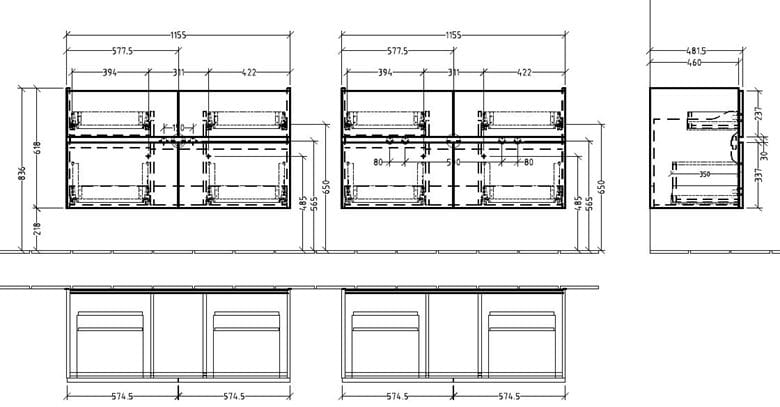 VILLEROY & BOCH VERITY LINE skrinka pod umývadlo 115,5x48,2x61,8 cm, 4 zásuvky, Glossy White B65900DH Technický nákres