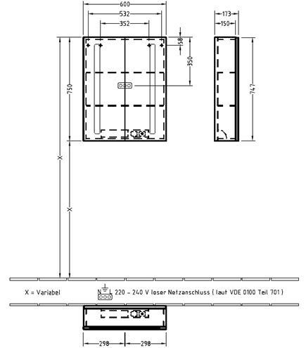 VILLEROY & BOCH VERITY LINE zrkadlová skrinka 60x75x17,3 cm, osvetlenie, so zväčšovacím zrkadlom, vypínačom a el. zásuvkou, hliník, strieborná B307F600 Technický nákres