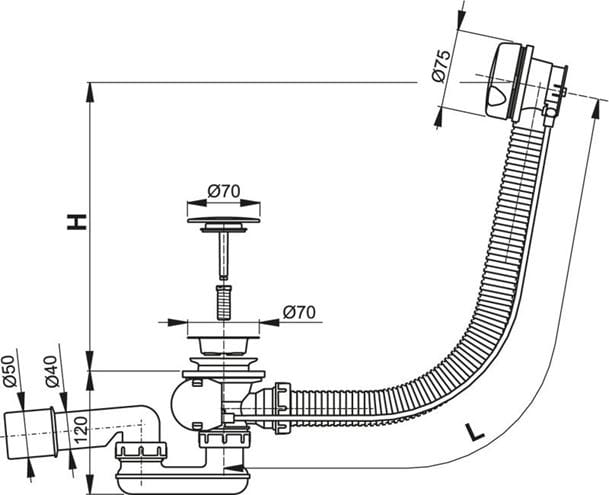 CONCEPT vaňový sifón 57 cm, bovden, chróm PT10051CRM Technický nákres
