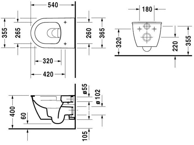 DURAVIT DARLING NEW závesné WC, Rimless splachovanie 2557090000 Technický nákres