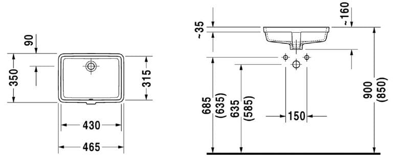 DURAVIT VERO umývadlo 43 cm, s prepadom 0330430000 Technický nákres