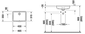 DURAVIT VERO umývadlo 43 cm, s prepadom 0330430000 Technický nákres