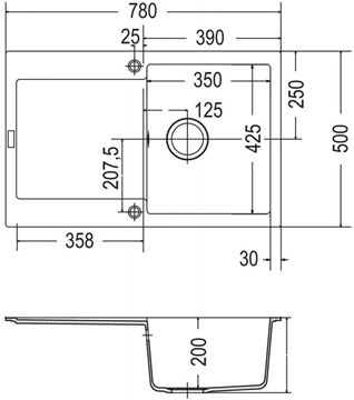 FRANKE MARIS MRG 611 fragranitový drez 780x500 mm, otočný, odkvapkávač, pieskový melír 114.0284.834 Technický nákres