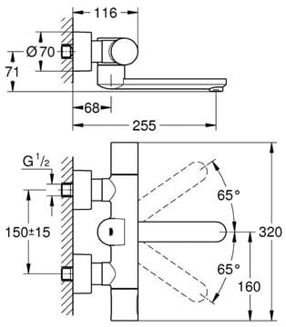 GROHE EUROSMART COSMOPOLITAN E umývadlová termostatická senzorová batéria, napájanie z batérie, chróm 36333000 Technický nákres
