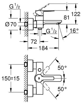 GROHE LINEARE vaňová nástenná batéria, s prepínačom, chróm 33849001 Technický nákres