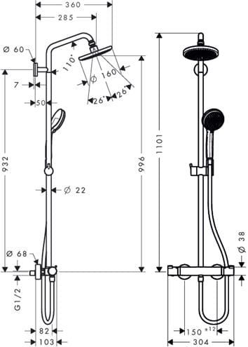 HANSGROHE CROMA SHOWERPIPE 160 sprchový set s termostatickou batériou, horná sprcha, ručná sprcha, tyč, hadica, chróm 27135000 Technický nákres
