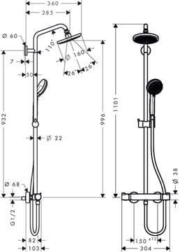 HANSGROHE CROMA SHOWERPIPE 160 sprchový set s termostatickou batériou, horná sprcha, ručná sprcha, tyč, hadica, chróm 27135000 Technický nákres