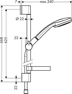 HANSGROHE CROMA 100 4JET sprchová súprava 4-dielna, ručná sprcha pr. 100 mm, 4 prúdy, tyč, hadica, mydelnička, chróm 27772000 Technický nákres