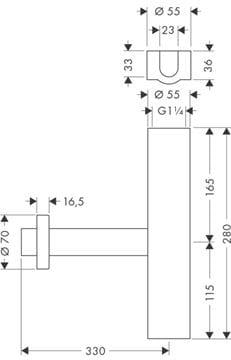 HANSGROHE FLOWSTAR dizajnový sifón k umývadlu DN32, s prevlečnou maticou 5/4, chróm 52100000 Technický nákres