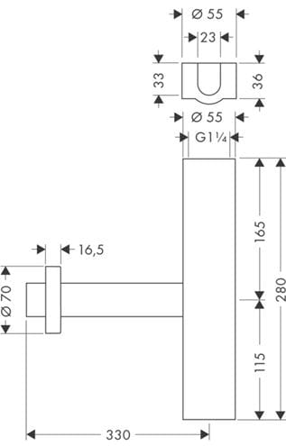 HANSGROHE FLOWSTAR dizajnový sifón k umývadlu DN32, s prevlečnou maticou 5/4, chróm 52100000 Technický nákres