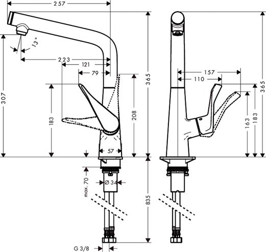 HANSGROHE METRIS SELECT M71 drezová batéria, chróm 14883000 Technický nákres