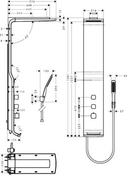 HANSGROHE RAINDANCE LIFT 180 termostatický sprchový panel, horná sprcha, ručná sprcha, hadica, držiak, biela/chróm 27008400 Technický nákres