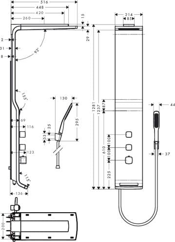 HANSGROHE RAINDANCE LIFT 180 termostatický sprchový panel, horná sprcha, ručná sprcha, hadica, držiak, biela/chróm 27008400 Technický nákres