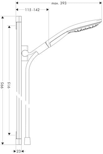 HANSGROHE RAINDANCE SELECT S 150 3JET sprchová súprava 3-dielna, ručná sprcha pr. 150 mm, 3 prúdy, tyč, hadica, chróm 26626000 Technický nákres