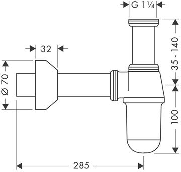 HANSGROHE dizajnový sifón k umývadlu DN32, s prevlečnou maticou 5/4, chróm 52010000 Technický nákres