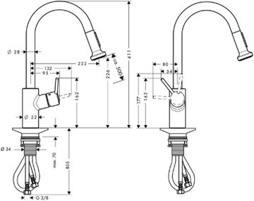 HANSGROHE TALIS S2 VARIARC drezová batéria, s vyťahovacou sprškou, sklopná pod okno, chróm 14877000 Technický nákres
