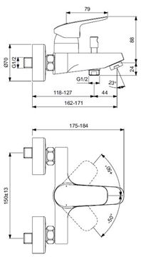 IDEAL STANDARD CERAFLEX vaňová nástenná batéria, s prepínačom, chróm B1721AA Technický nákres