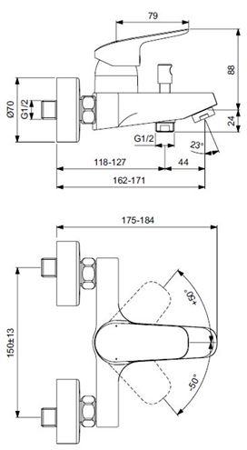 IDEAL STANDARD CERAFLEX vaňová nástenná batéria, s prepínačom, chróm B1721AA Technický nákres