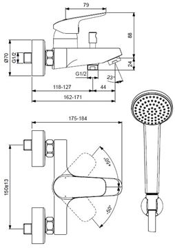 IDEAL STANDARD CERAFLEX vaňová nástenná batéria, s prepínačom, so sprchovou súpravou, chróm B1722AA Technický nákres
