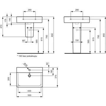 IDEAL STANDARD CONNECT SPACE CUBE umývadlo 55 cm, s otvorom pre batériu a prepadom E714001 Technický nákres
