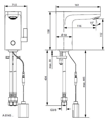 IDEAL STANDARD CERAPLUS umývadlová senzorová batéria s reguláciou teploty, napájanie z batérie, chróm A6145AA Technický nákres