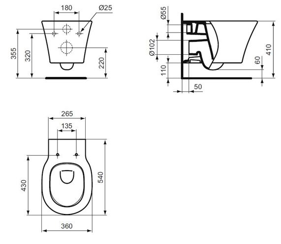 IDEAL STANDARD CONNECT AIR závesné WC, AquaBlade splachovanie E005401 Technický nákres