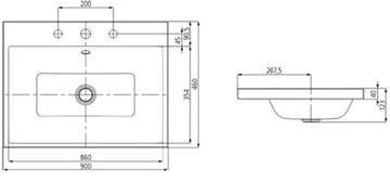 KALDEWEI PURO 3155 umývadlo 90 cm, s otvorom pre batériu, s prepadom, smaltovaná oceľ, Perl-Effekt, alpská biela 900506013001 Technický nákres