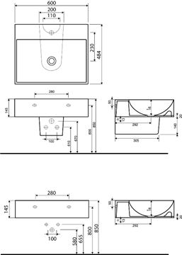 KOLO QUATTRO umývadlo 60 cm, s otvorom pre batériu, bez prepadu K61460900 Technický nákres