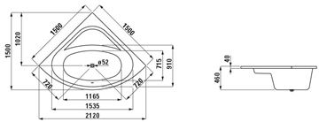 LAUFEN SOLUTIONS rohová vaňa 150x150 cm, bez nožičiek, akrylát H2445000000001 Technický nákres