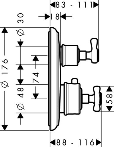 AXOR MONTREUX podomietková termostatická batéria, pre 2 spotrebiče, chróm 16820000 Technický nákres
