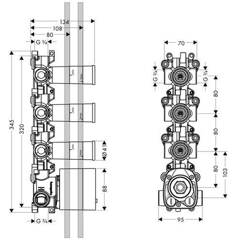 AXOR SHOWER SOLUTIONS podomietkové teleso DN15 10750180 Technický nákres