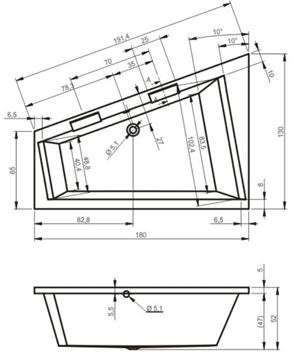 RIHO DOPPIO rohová vaňa 180x130 cm, bez nožičiek, akrylát B033001005 Technický nákres