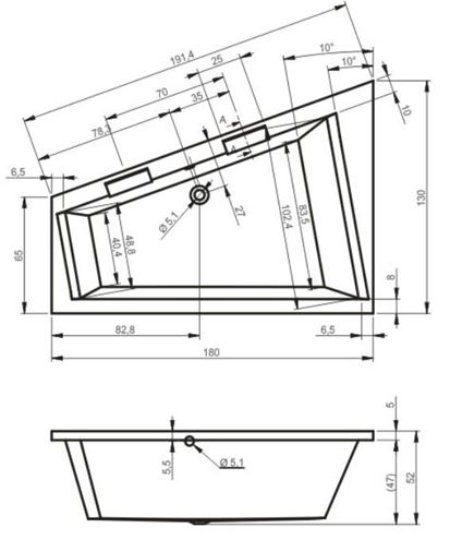 RIHO DOPPIO rohová vaňa 180x130 cm, bez nožičiek, akrylát B033001005 Technický nákres
