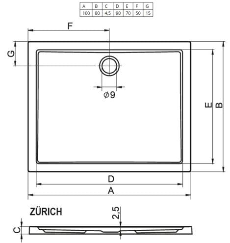 RIHO ZÜRICH 272 sprchová vanička 100x80 cm, akrylát, bez nožičiek D001014005 Technický nákres