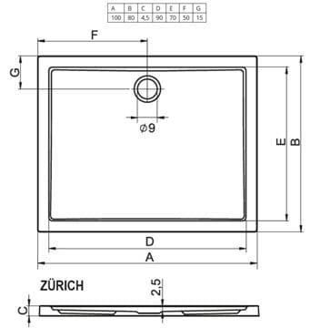 RIHO ZÜRICH 272 sprchová vanička 100x80 cm, akrylát, bez nožičiek D001014005 Technický nákres