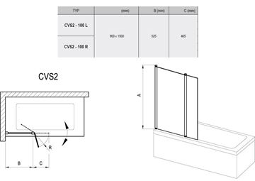 RAVAK CVS2 100 vaňová zástena 100x150 cm, pravá, lietacia, bright alu/sklo transparent 7QRA0C00Z1 Technický nákres