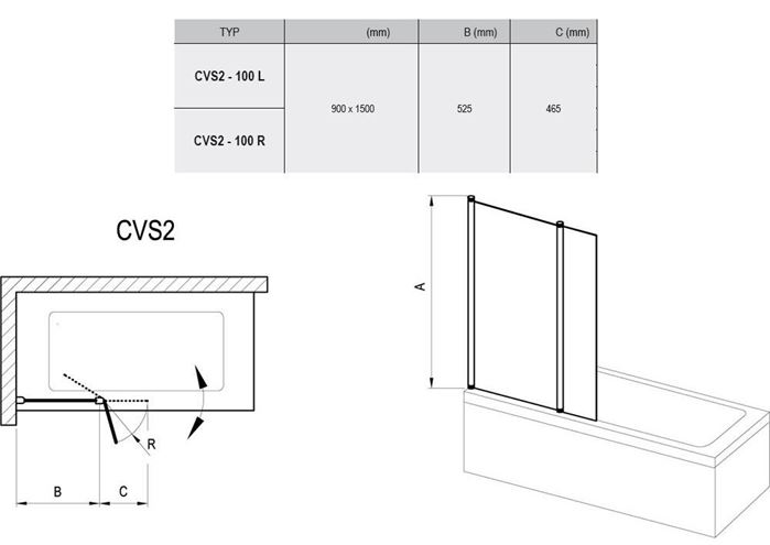 RAVAK CVS2 100 vaňová zástena 100x150 cm, pravá, lietacia, bright alu/sklo transparent 7QRA0C00Z1 Technický nákres