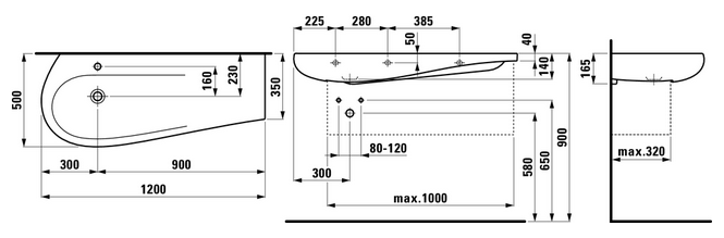 LAUFEN ILBAGNOALESSI ONE umývadlo 120 cm, s otvorom pre batériu a prepadom, LCC H8149734001041 Technický nákres