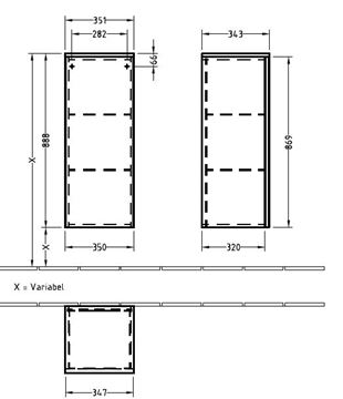 VILLEROY & BOCH VERITY LINE nízka skrinka 35,1x34,3x88,8 cm, 1 dvierka, pánty vľavo, Push-open, Oak Nebraska B51500PJ Technický nákres