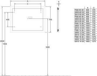 VILLEROY & BOCH FINION zrkadlo 120x75 cm, s osvetlením, s reguláciou teploty svetla F6001200 Technický nákres
