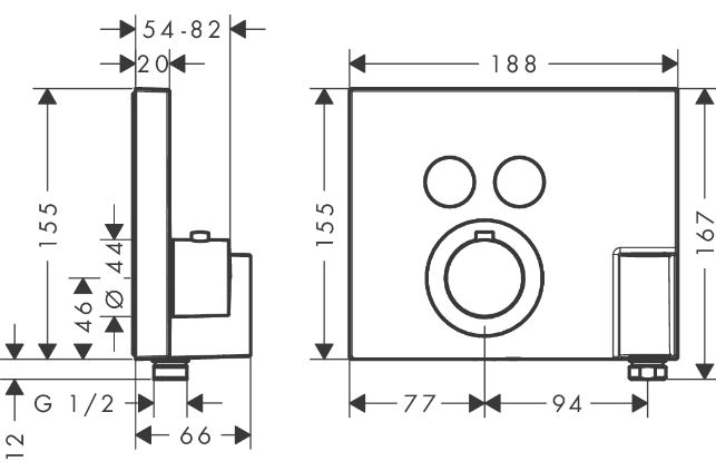 AXOR SHOWER SELECT podomietková termostatická batéria, pre 2 spotrebiče, s držiakom hadice, chróm 36712000 Technický nákres