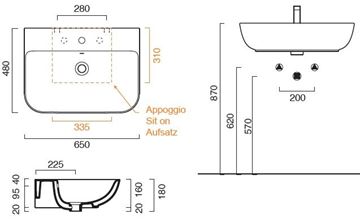 CONCEPT S umývadlo 65 cm, s otvorom pre batériu a prepadom, Cataglaze 0720651001 Technický nákres