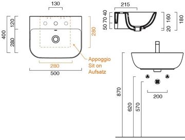 CONCEPT S umývadlo 50 cm, s otvorom pre batériu a prepadom, Cataglaze 0720501001 Technický nákres